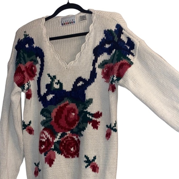 Vintage Floral Chunky Knit Cottagecore Coastal Grandma Loose Knit 80s Sweater - Picture 4 of 12